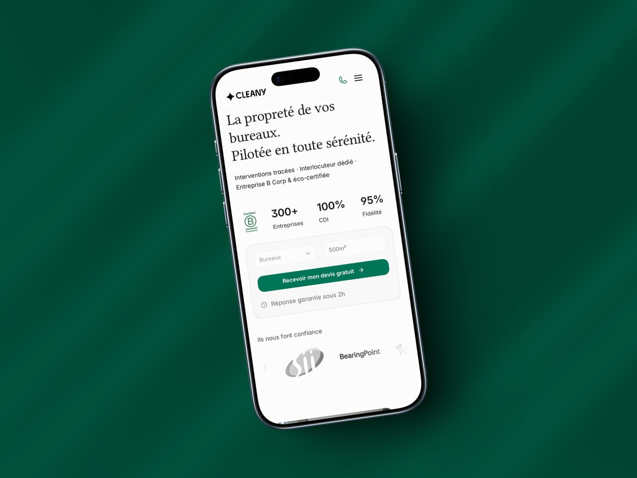 Cleany mobile homepage shown on a phone