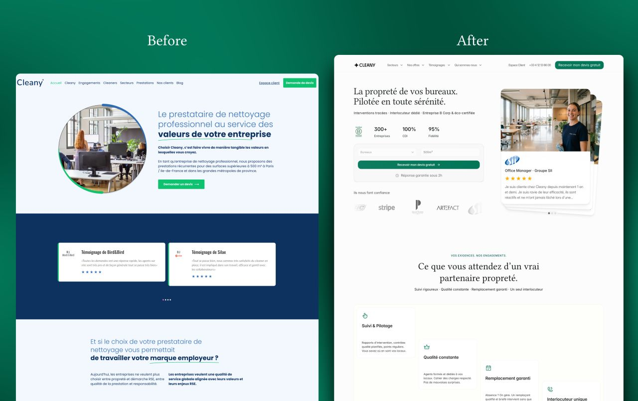 Cleany desktop website before and after comparison