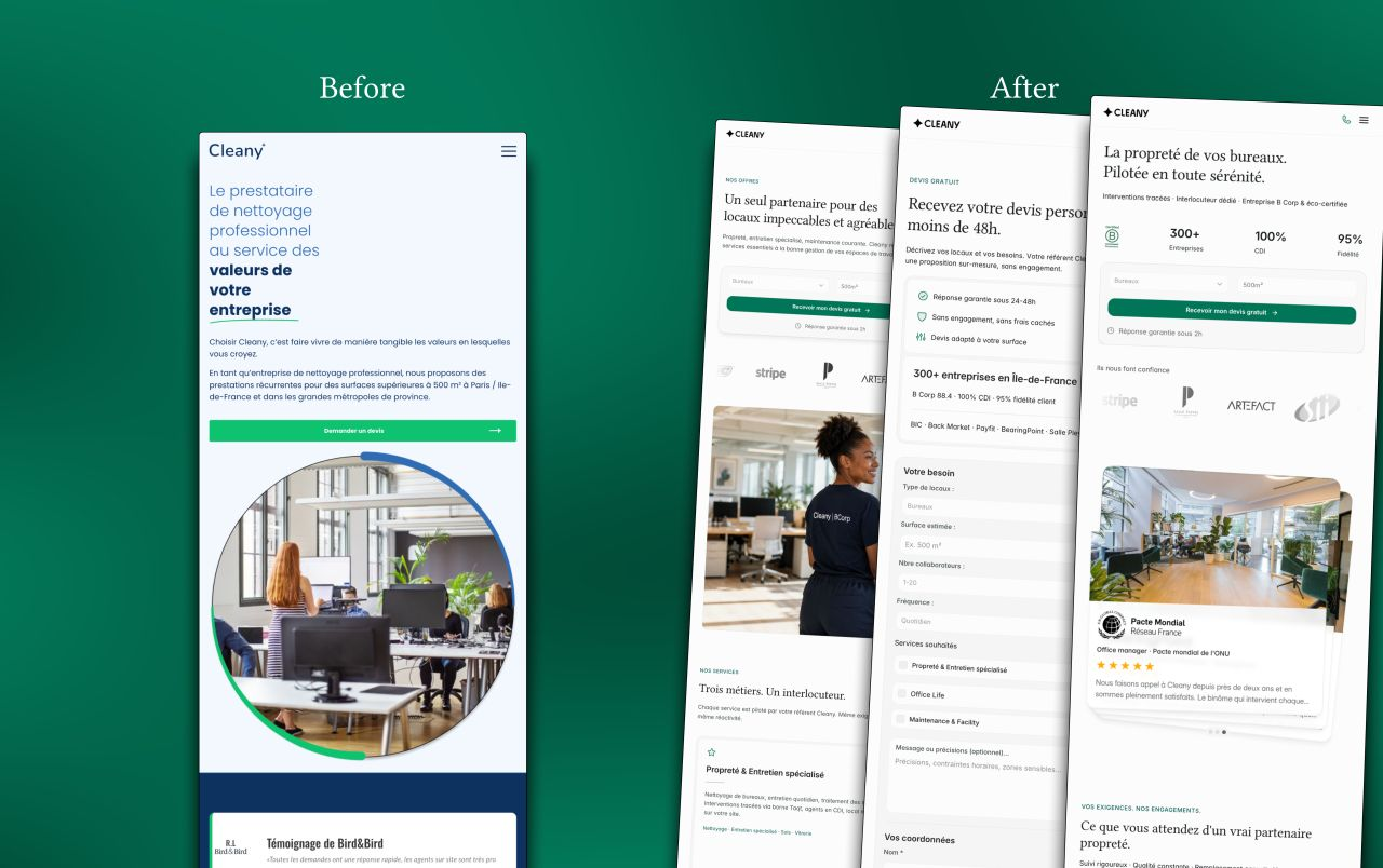 Cleany mobile website before and after comparison