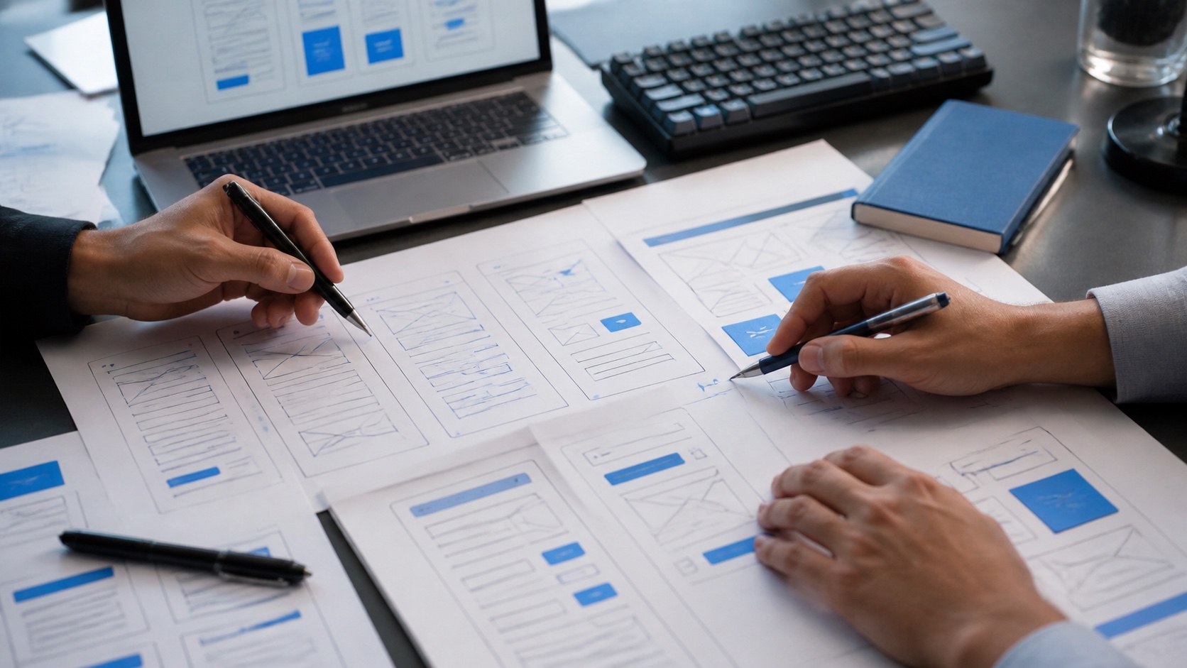 Senior designers reviewing interface wireframes together